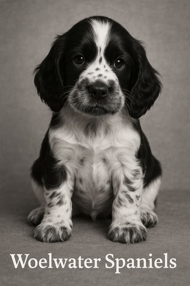 A black and white English Cocker Spaniel puppy sitting square to the camera against a plain grey backdrop, with the Woelwater Spaniels name set beneath